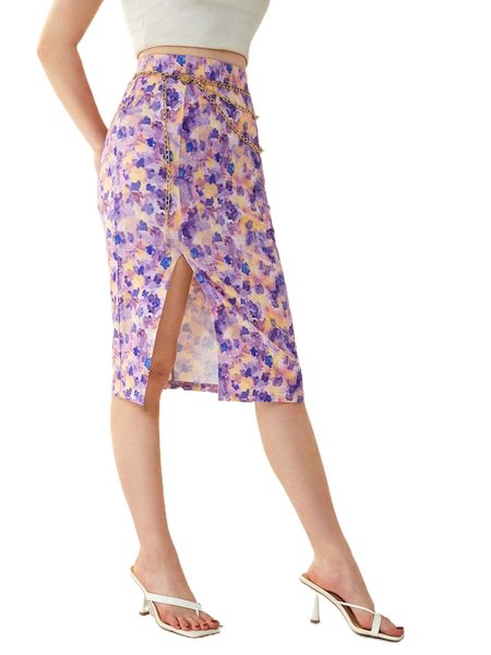 

x tanya dim allover print split thigh skirt without belt j0zs#, Black