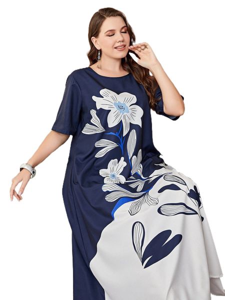 

plus floral print tunic dress r5rj#, Black