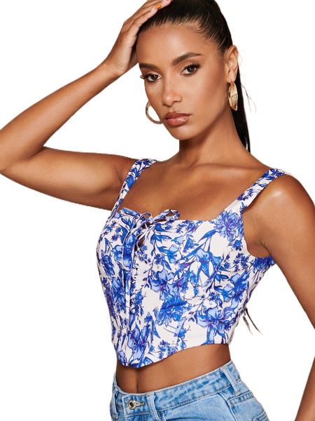 

bae floral print lace up front tank t1ei#, White