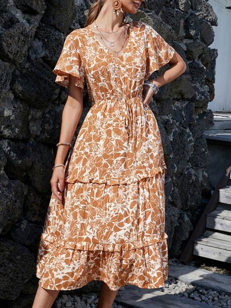 

floral print ruffle hem dress b4b9#, Black;gray