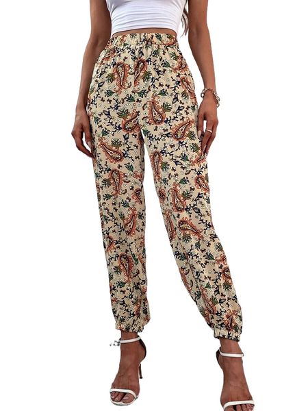 

paisley & floral print elastic waist pants q1z0#, Black;white
