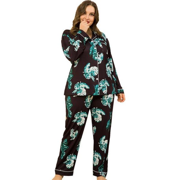 

plus size tracksuits women pajamas sets faux silk black lapel leaf print large nightwear long sleeve trousers female sleepwear pijama
