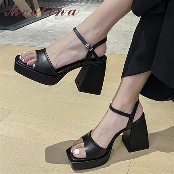 

meotina women genuine leather shoes super high heel platform sandals buckle thick heel square toe ladies sandals summer black 220406