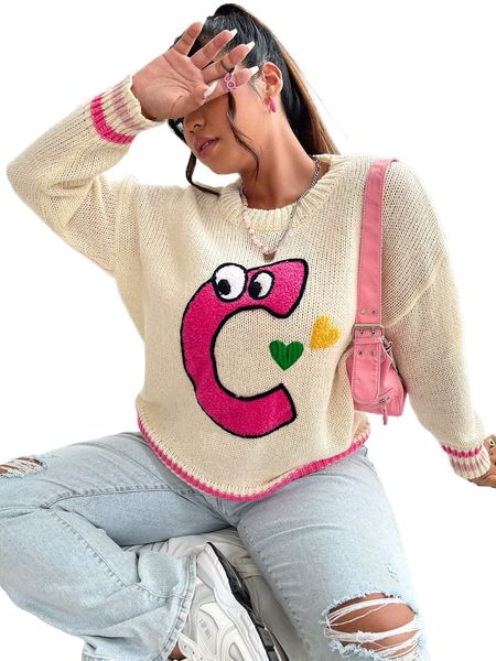 

plus heart & cartoon pattern drop shoulder sweater u0nk#, Black