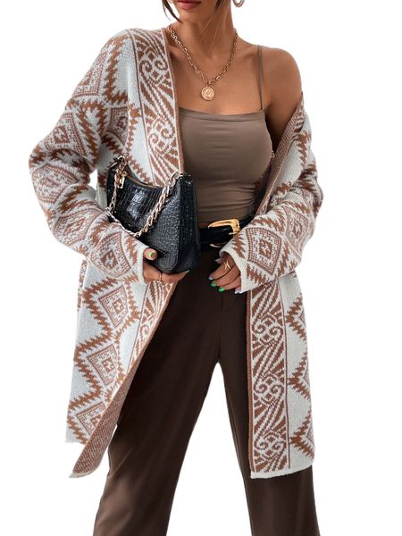 

geo pattern drop shoulder duster cardigan j11e#, White;black