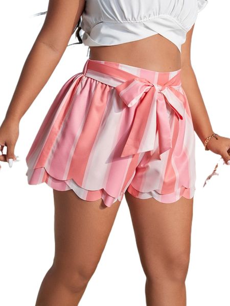 

plus striped scallop trim tie front shorts j7dj#, Black