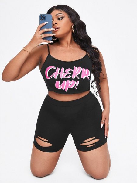 

sxy plus letter graphic cami & cut out shorts b57d#, Black