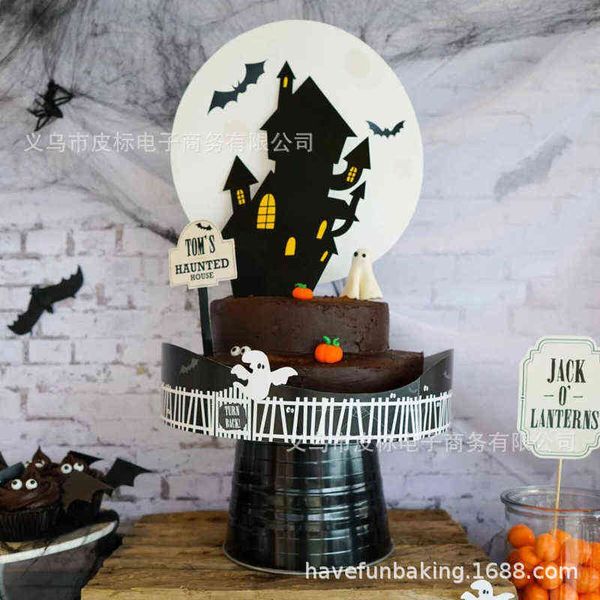 

factory outlet private house cake decoration halloween ghost festival castle big moon scene cake decoration card insertion