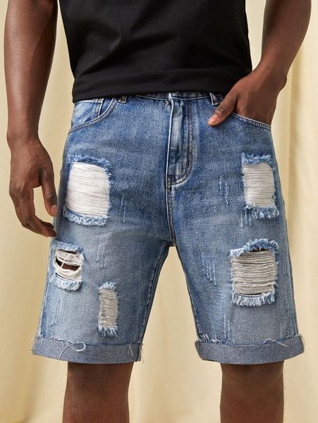 

romwe guys ripped cuffed denim shorts f25u#, White;black