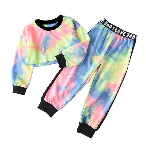 

toddler girl clothes set pants 2pcs suits girls sweatsuits jogging tie dye tracksuit outfit crewneck kids clothing 2-6t 220523, White