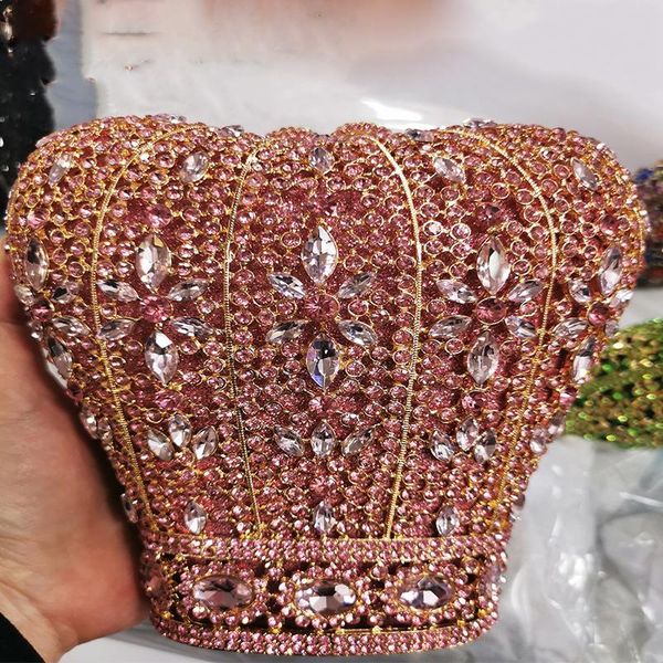 Bolsas de noite Luxury Gold Metal Metal Shape Pink Crystal Embreches