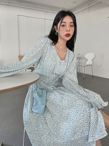 

dazy ditsy floral print shirred cuff lantern sleeve ruched dress b0te#, Black;gray