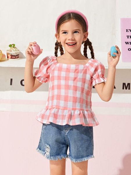 

toddler girls gingham print flounce sleeve peplum she, White;black