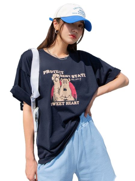 

dazy bear and slogan graphic drop shoulder tee x896#, White