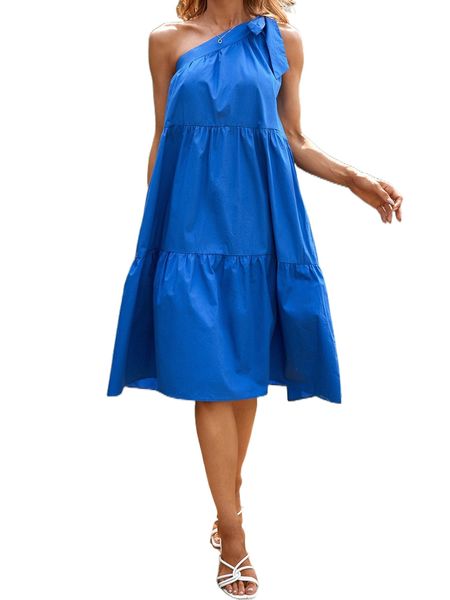 

solid one shoulder ruffle hem knot detail smock dress d0y6#, Black;gray