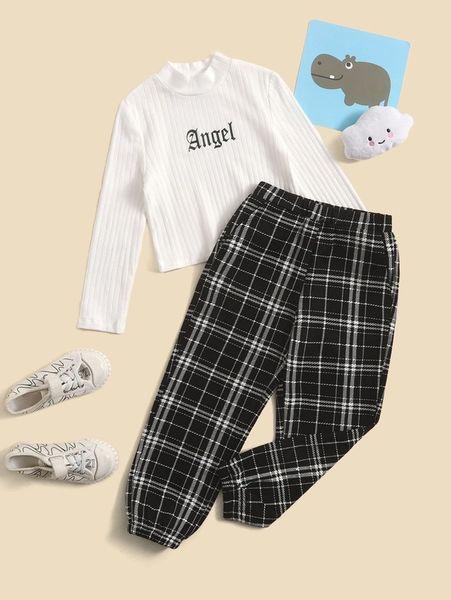 

toddler girls letter graphic mock neck tee & plaid sweatpants she, White