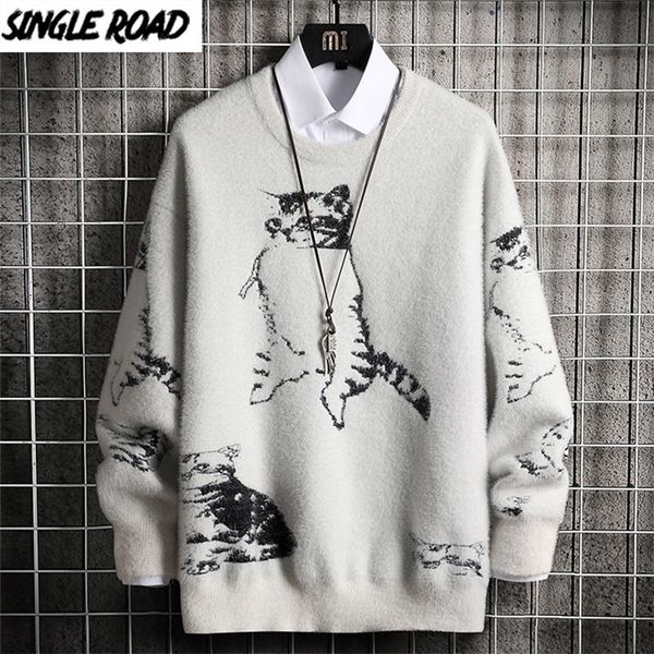 

singleroad oversized mens knitted sweater men winter cat sweaters pullover jumper hip hop harajuku korean white sweater men 201126, White;black
