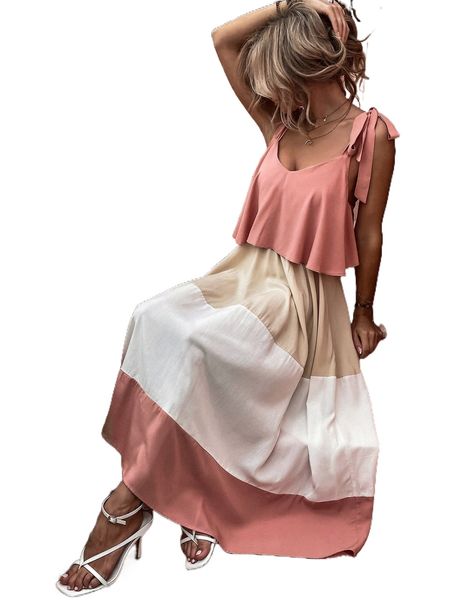 

color-block tie shoulder cami dress j1x8#, Black;gray