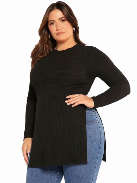 

evolu plus ribbed knit split hem tee x51l#, Black