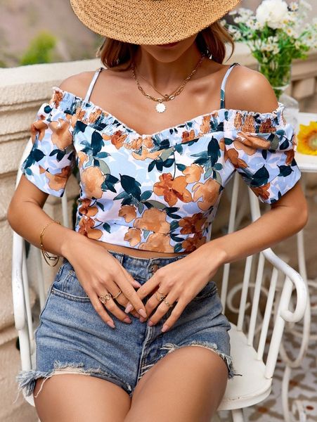 

floral print shirred cold shoulder blouse b6jn#, White