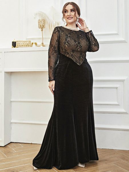 

plus contrast lace velvet prom dress x6u5#, Black