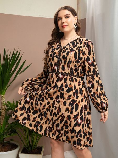 

plus allover print guipure lace insert lantern sleeve dress 58hv#, Black