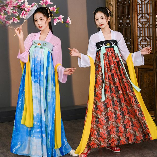 

original hanfu chinese ethnic clothing trend chiffon embroidery skirt full set casual daily performance chest length ru dress ancient clothe, Red