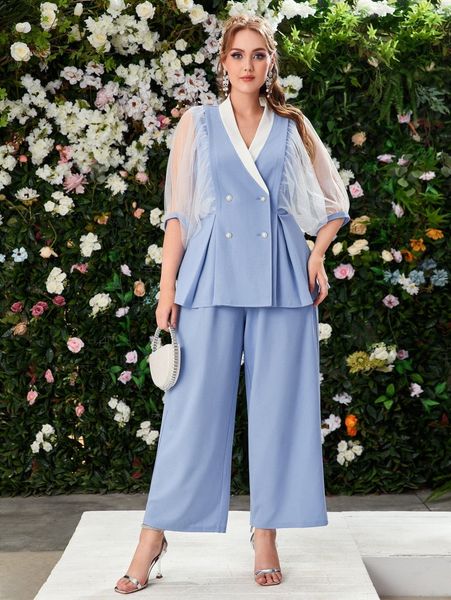 

plus mesh sleeve contrast trim buttoned front coat & wide leg pants i6ih#, Black