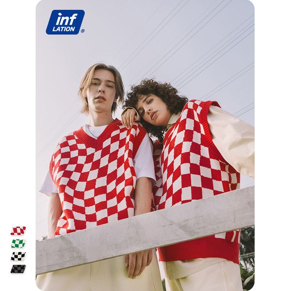 

mens vests inflation streetwear mens checked pattern vneck sweater vest couple 220823, Black;white