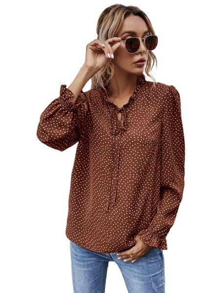 

all over print tie neck flounce sleeve blouse p693#, White