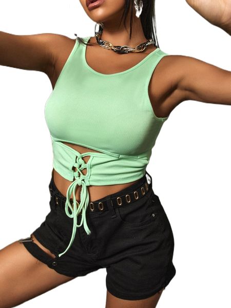 

lace up front crop tank 55rx#, White