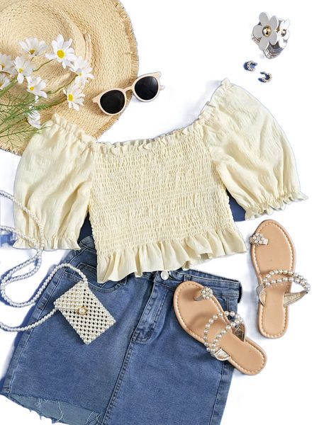 

off shoulder shirred puff sleeve ruffle hem crop blouse b9e2#, White