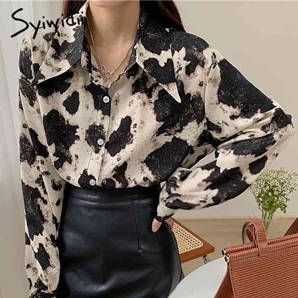 

leopard vintage button up blouses women turndown collar long sleeve loose clothing spring korean fashion shirts 210415, White