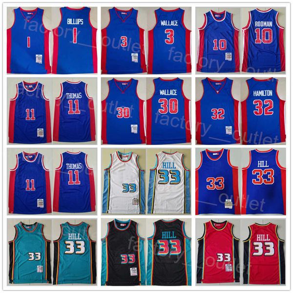 Basquete Masculino Personalizado Vintage Mitchell Ness Grant Hill Jersey 33 Isiah Thomas 11 Dennis Rodman 10 Chauncey Billups 1 Ben Wallace 30 Richard Hamilton 32 Retro Big Team