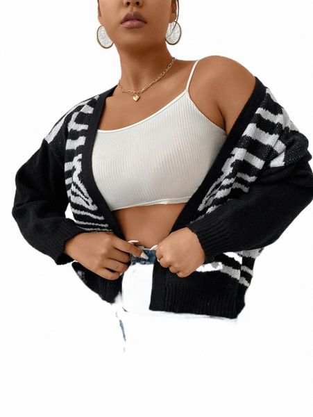 

plus zebra striped pattern drop shoulder duster cardigan j1mg#, Black