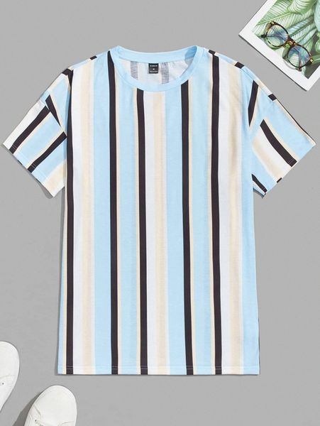 

men striped print drop shoulder tee 96be#, White;black