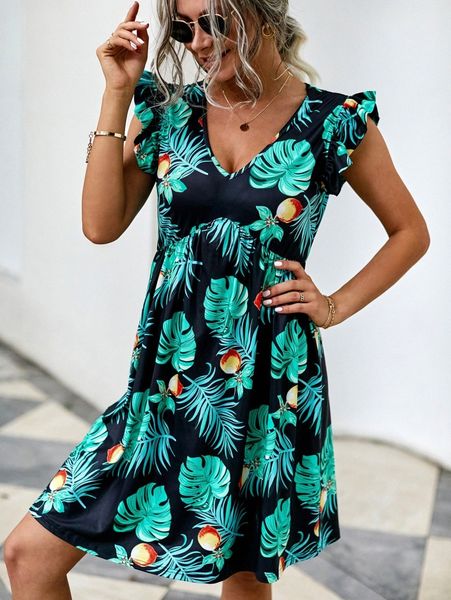

tropical print ruffle trim dress p4u4#, Black;gray
