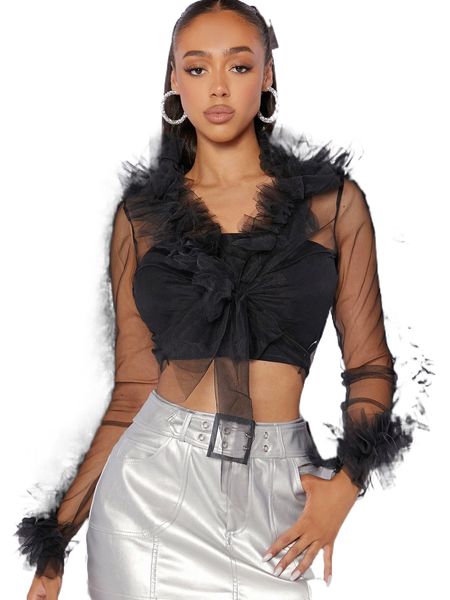 

ruffle trim tie front sheer mesh without bandeau t9b5#, White