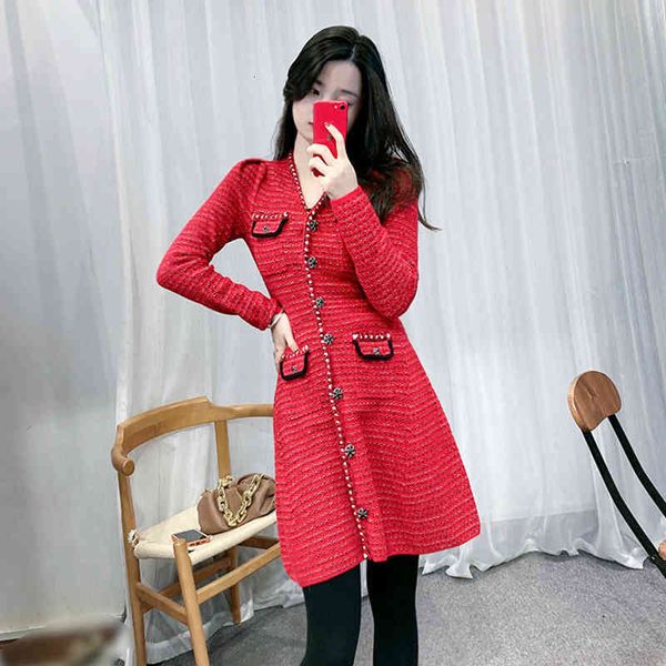 

casual dresses sp autumn and winter christmas annual meeting year red dress v-neck closed waist thin a-line skirt with wool inside uos0, Black;gray