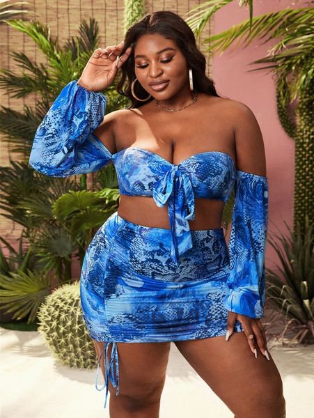 

sxy plus snakeskin print off shoulder crop & drawstring side skirt w13o#, Black