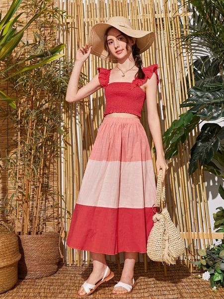 

teen girls ruffle trim shirred and colorblock skirt set she, White