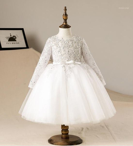 Abiti da ragazza Vestito da battesimo per ragazza nata Abito da battesimo con paillettes Tulle Pizzo Principessa formale Manica lunga Bambino 1 anno Compleanno