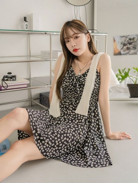 

dazy knot front shirred waist ditsy floral cami dress z40e#, Black;gray