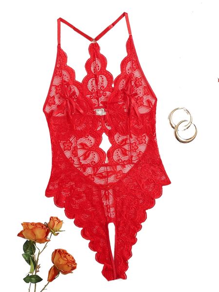 

floral lace scallop trim cut-out teddy bodysuit u8ck#, Black;red