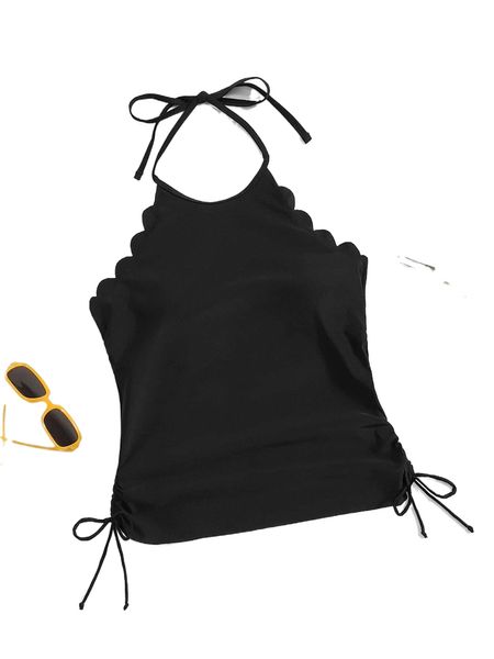 

plus scallop trim tie back drawstring bikini 28oi#, Black