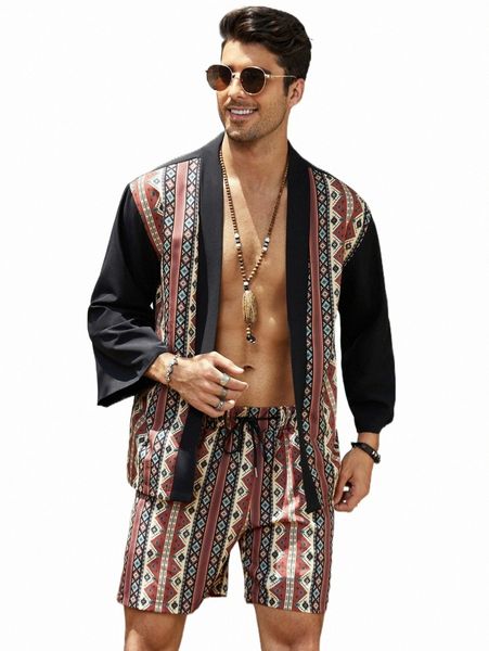 

men geo print kimono & shorts 616z#, Gray