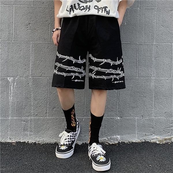 

harajuku streetwear iron chain pattern jogger shorts men and women hip hop skateboard summer elastic waist 220401, White;black