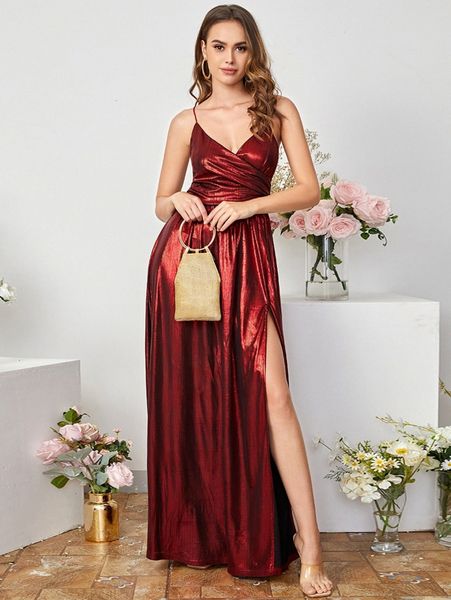 

cross wrap split thigh backless glitter cami dress a8am#, Black;gray