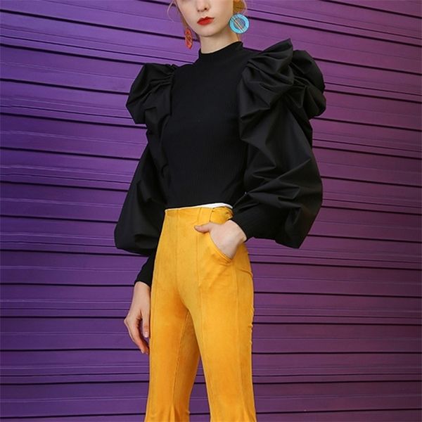 

twotwinstyle patchwork knitting ruffle white women's sweaters o neck puff sleeve female sweater autumn big size fashion 201203, White;black