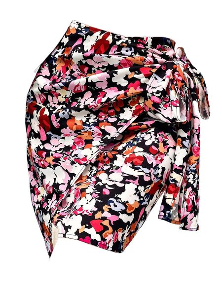 

allover floral print tie side wrap skirt z81f#, Black